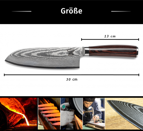 Damastmesser-Chefmesser-Damast-Kochmesser-Damast-Küchenmesser-Santoku-Damastmesser-Damast-Santoku-Küchenmesser Zeuß
